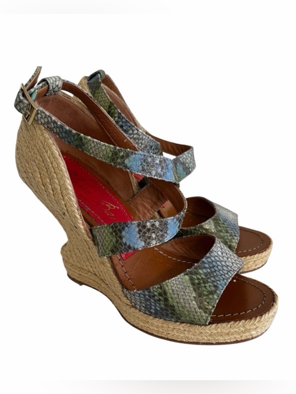 Paloma Barcelo Blue Snakeskin Architectural Wedge Sandals 8
